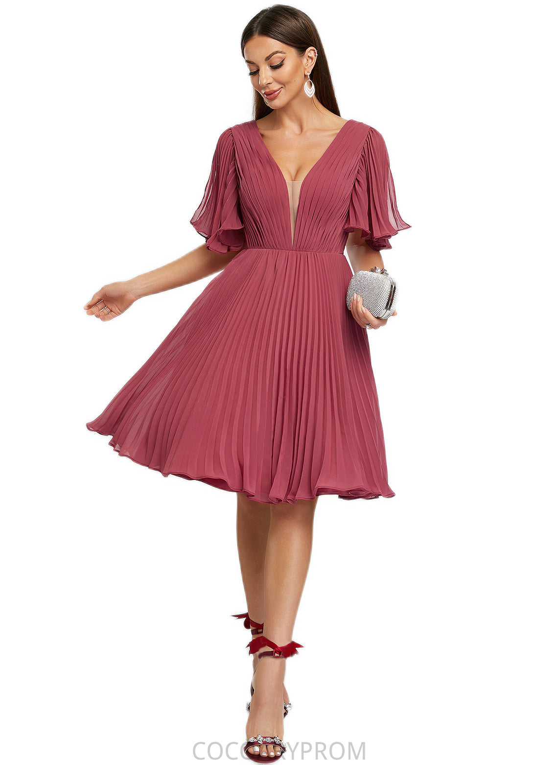 Maritza A-line V-Neck Knee-Length Chiffon Cocktail Dress With Pleated DA8P0022429