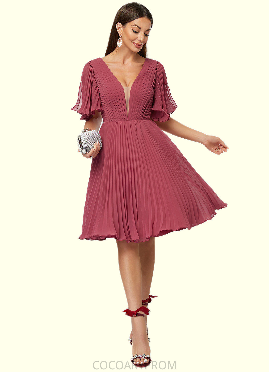 Alaina A-line V-Neck Knee-Length Chiffon Cocktail Dress With Pleated DA8P0022429