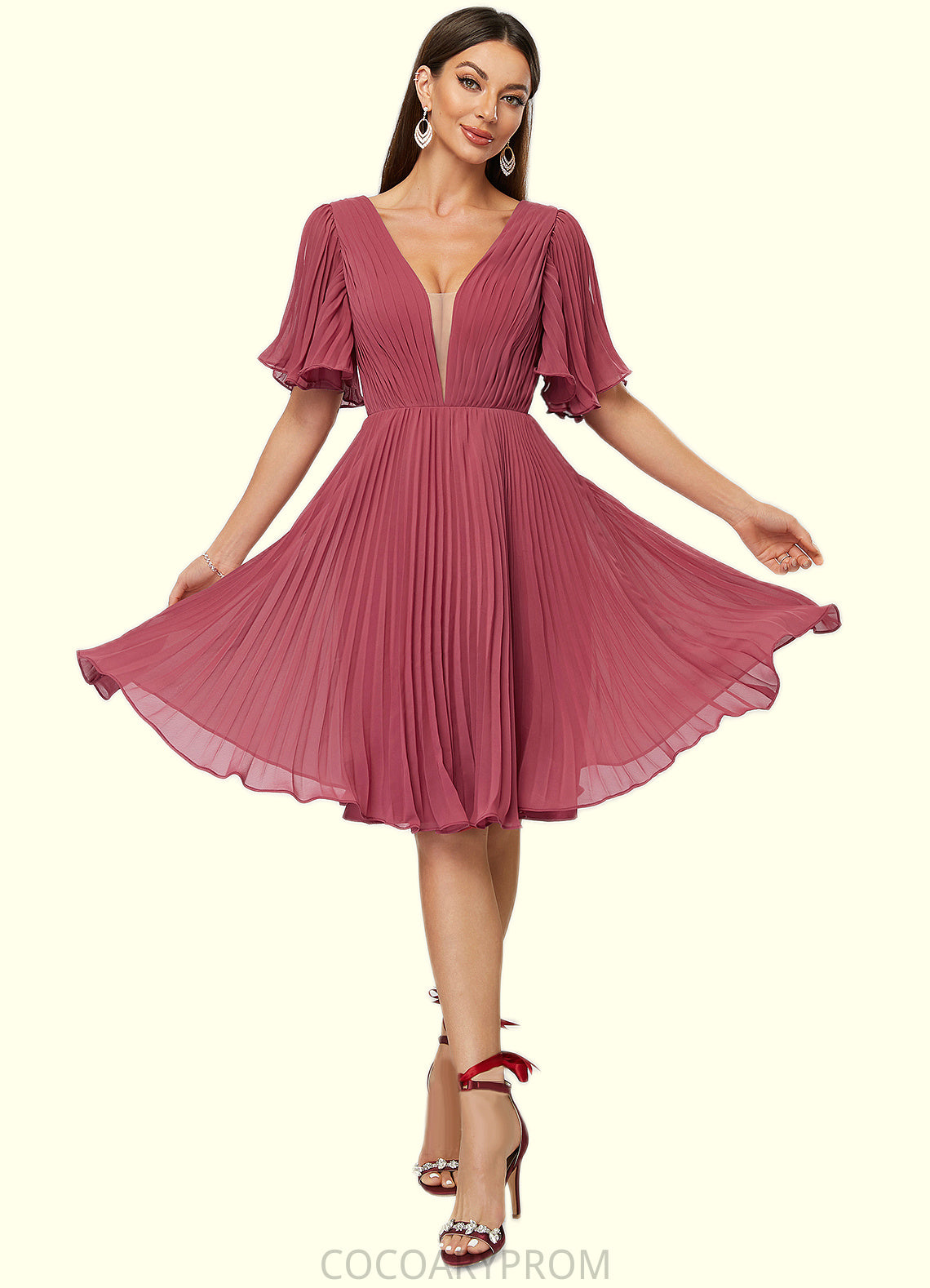 Alaina A-line V-Neck Knee-Length Chiffon Cocktail Dress With Pleated DA8P0022429