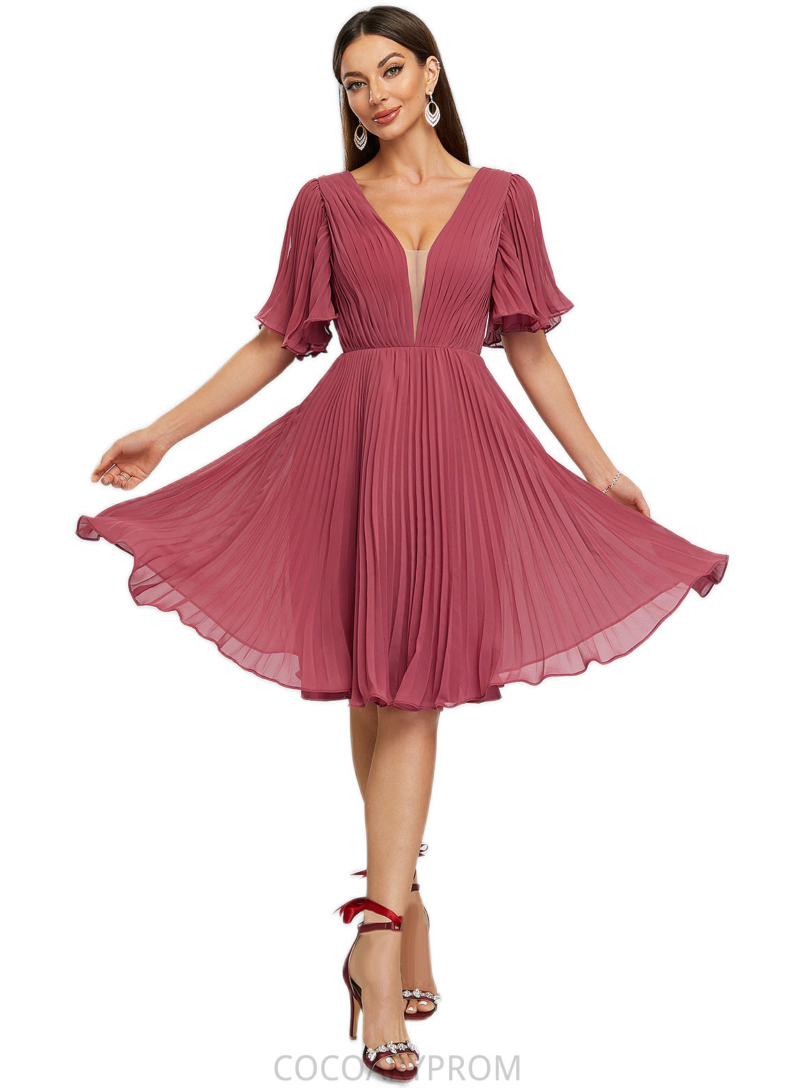 Maritza A-line V-Neck Knee-Length Chiffon Cocktail Dress With Pleated DA8P0022429