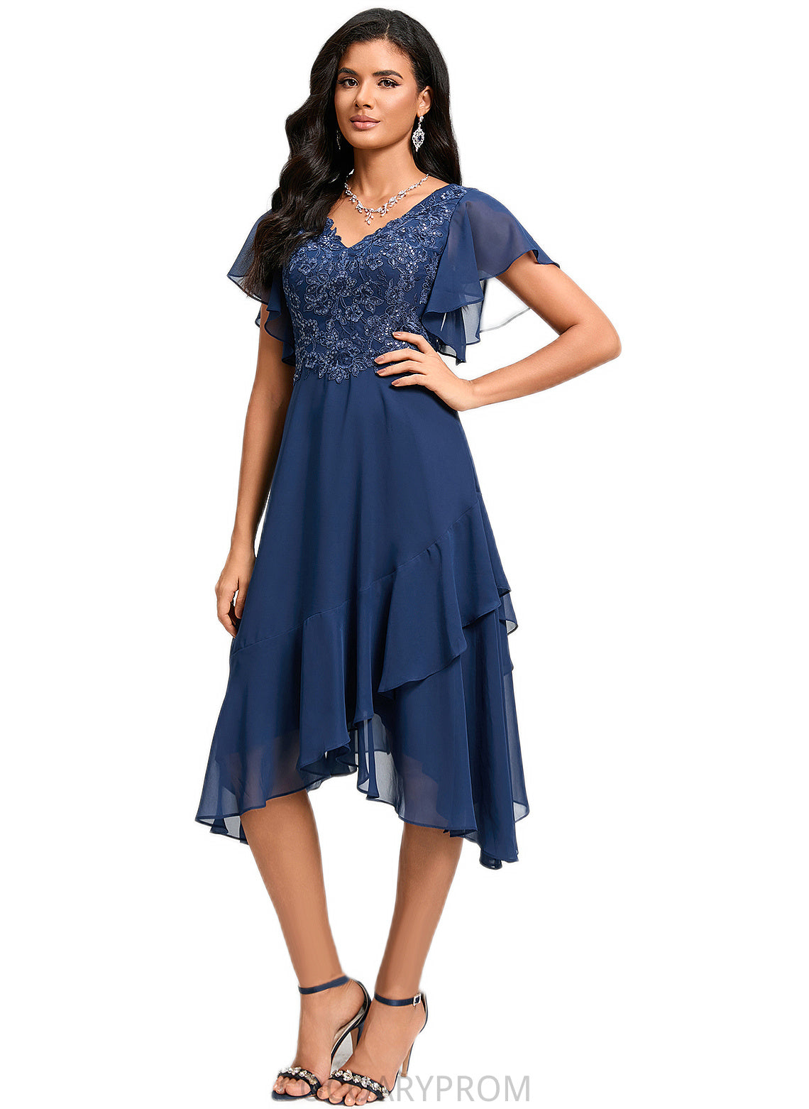 Lilliana A-line V-Neck Tea-Length Chiffon Lace Cocktail Dress With Cascading Ruffles DA8P0022430