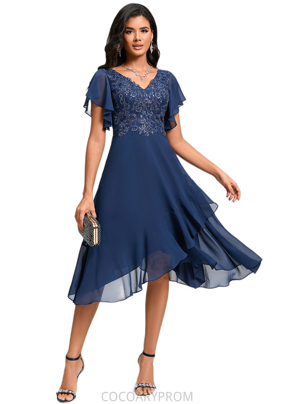 Lilliana A-line V-Neck Tea-Length Chiffon Lace Cocktail Dress With Cascading Ruffles DA8P0022430