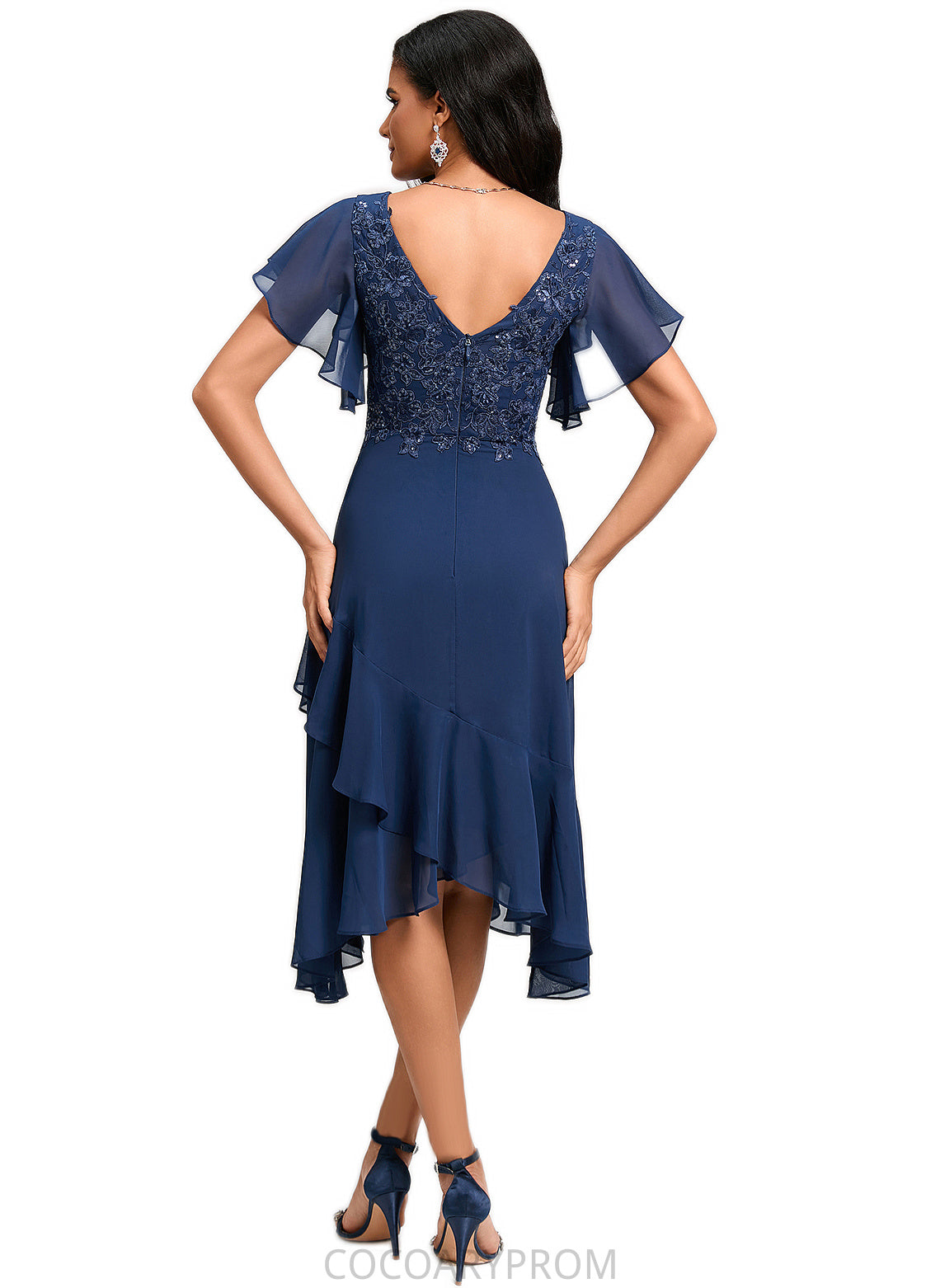 Lilliana A-line V-Neck Tea-Length Chiffon Lace Cocktail Dress With Cascading Ruffles DA8P0022430