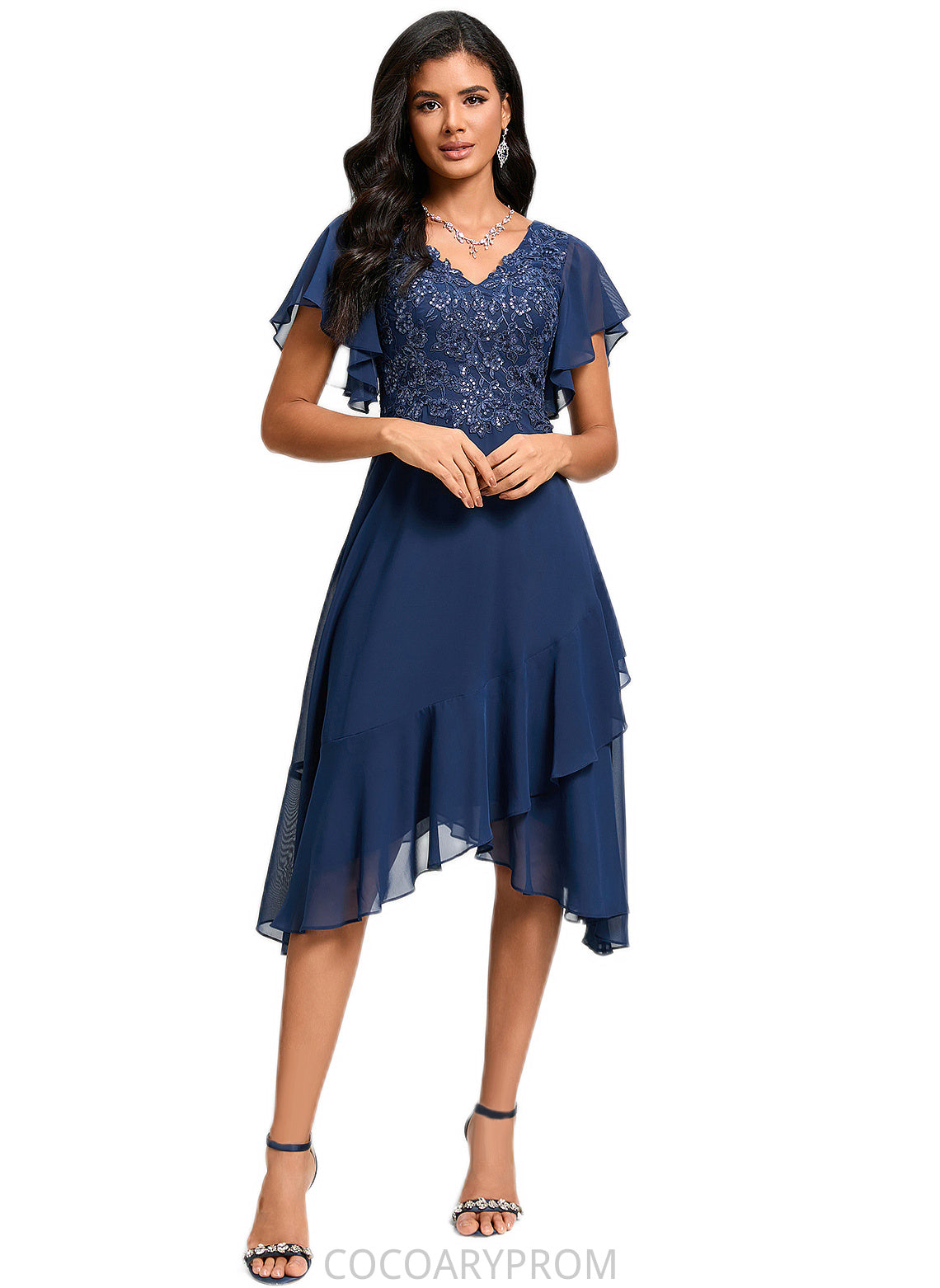 Lilliana A-line V-Neck Tea-Length Chiffon Lace Cocktail Dress With Cascading Ruffles DA8P0022430