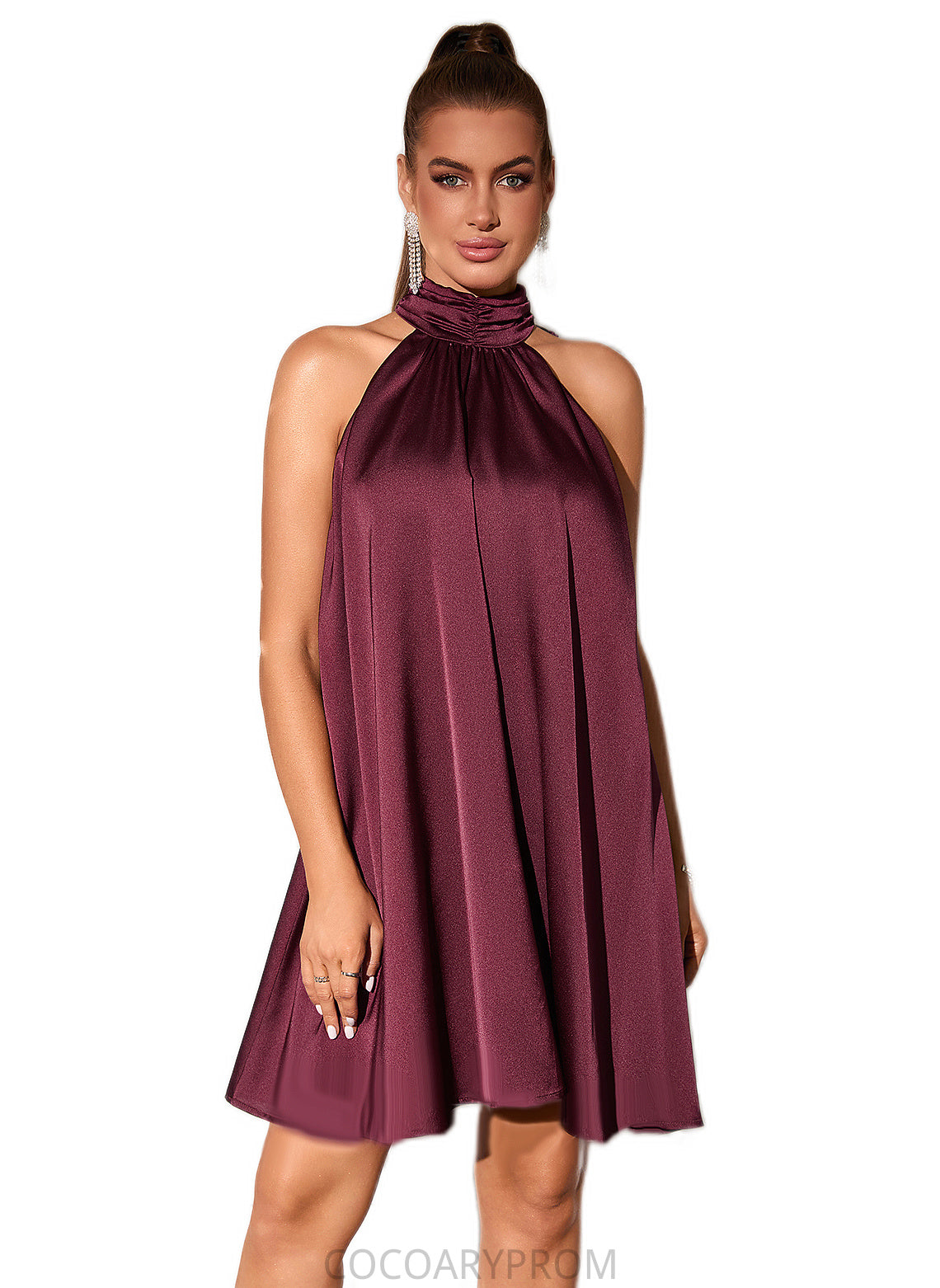 Tessa Ruffle High Neck Elegant A-line Satin Mini Dresses DA8P0022436