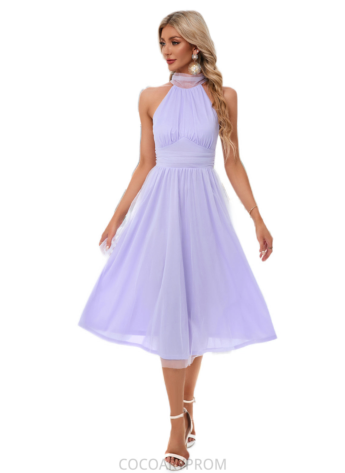 Paola Ruffle High Neck Sexy A-line Tulle Midi Dresses DA8P0022441