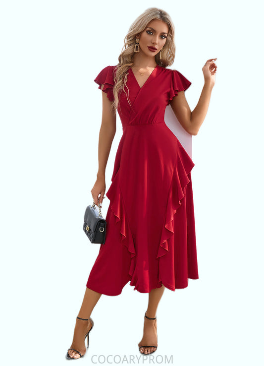 Stephany Cascading Ruffles V-Neck Elegant A-line Cotton Blends Midi Dresses DA8P0022444