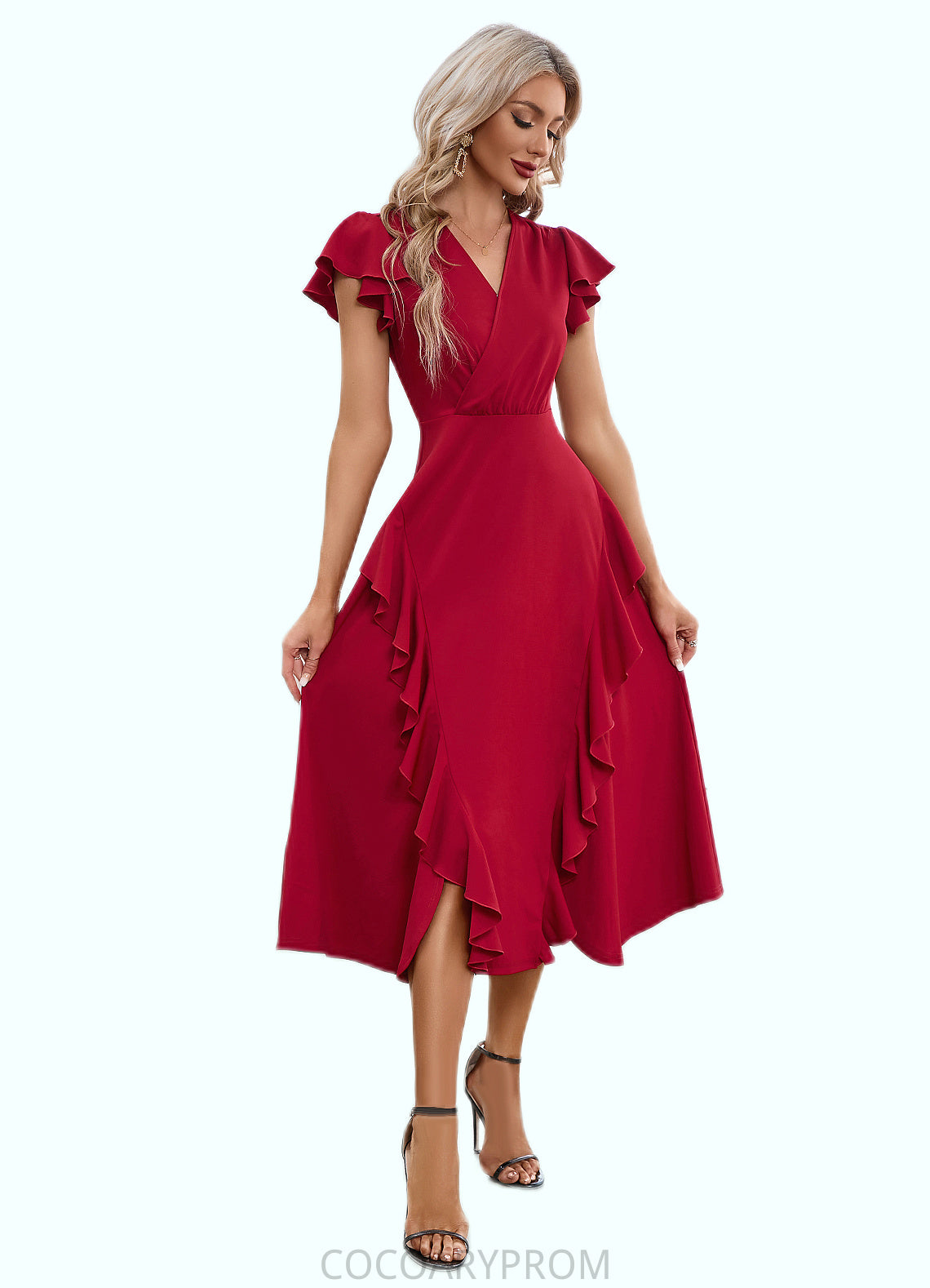 Stephany Cascading Ruffles V-Neck Elegant A-line Cotton Blends Midi Dresses DA8P0022444