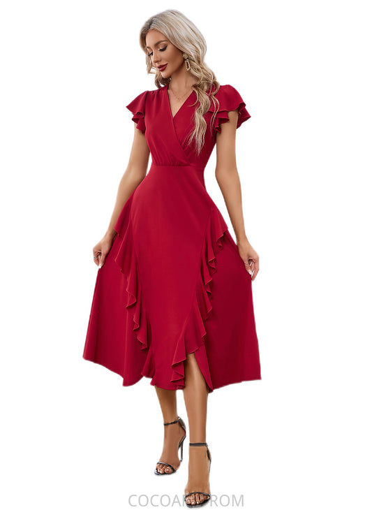 Hortensia Cascading Ruffles V-Neck Elegant A-line Cotton Blends Midi Dresses DA8P0022444