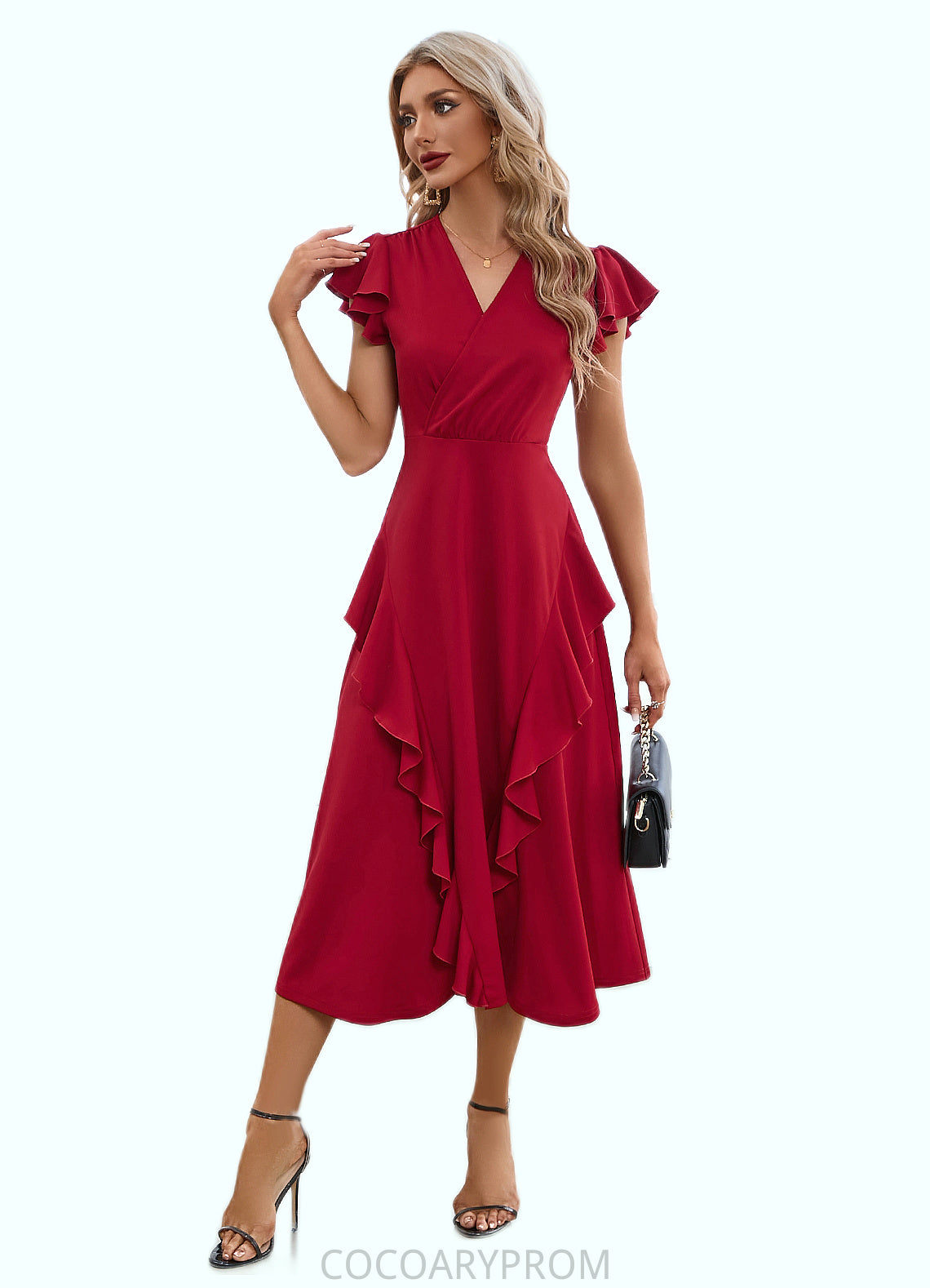 Stephany Cascading Ruffles V-Neck Elegant A-line Cotton Blends Midi Dresses DA8P0022444