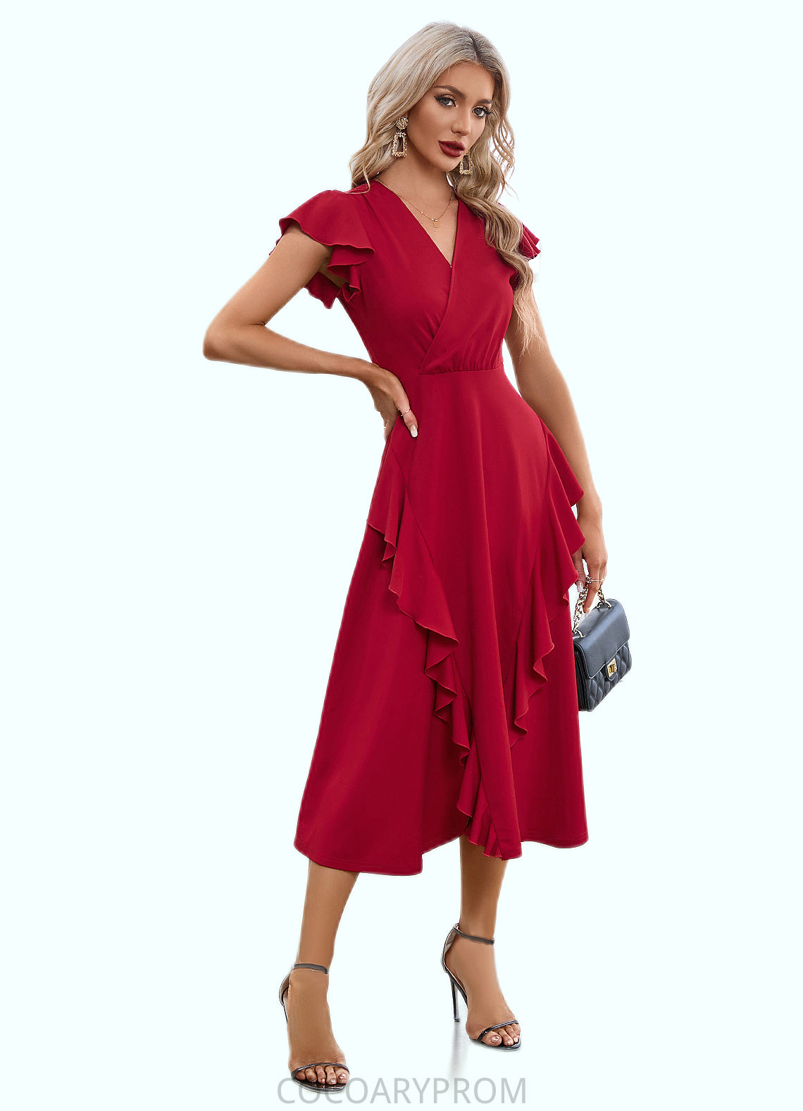 Stephany Cascading Ruffles V-Neck Elegant A-line Cotton Blends Midi Dresses DA8P0022444