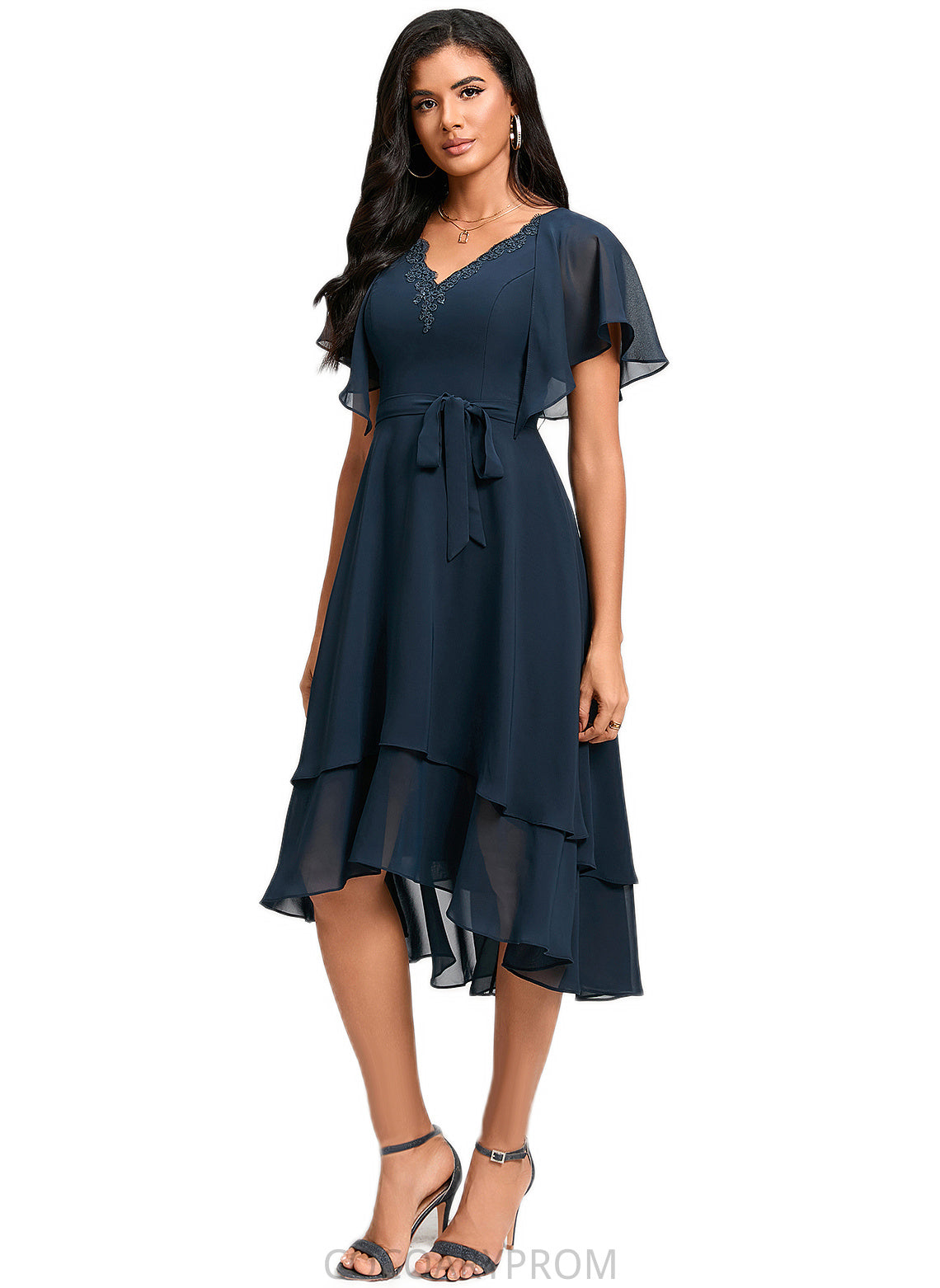 Luz A-line V-Neck Asymmetrical Chiffon Lace Cocktail Dress DA8P0022461