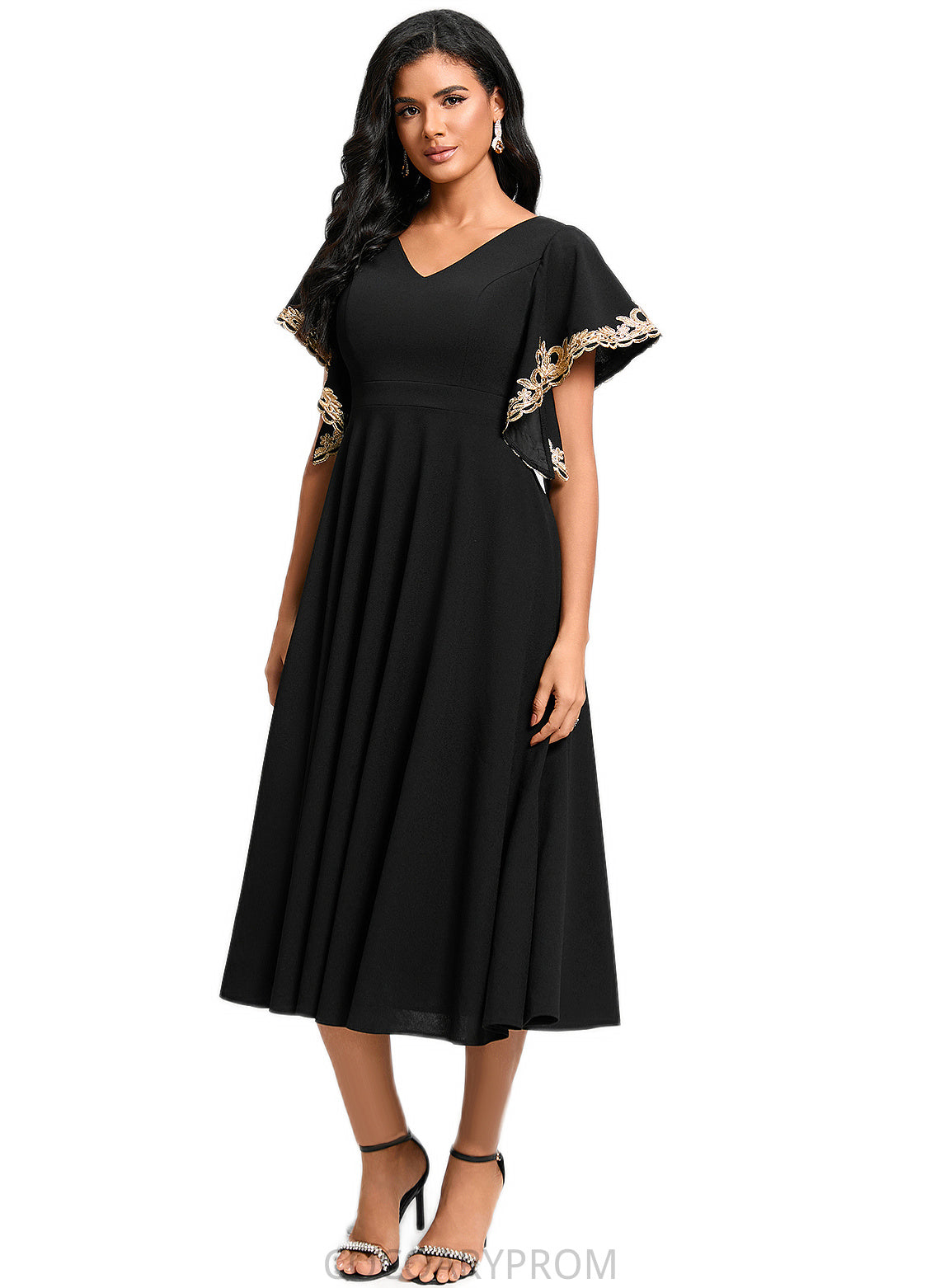 Kiera A-line V-Neck Tea-Length Stretch Crepe Cocktail Dress With Appliques Lace DA8P0022463