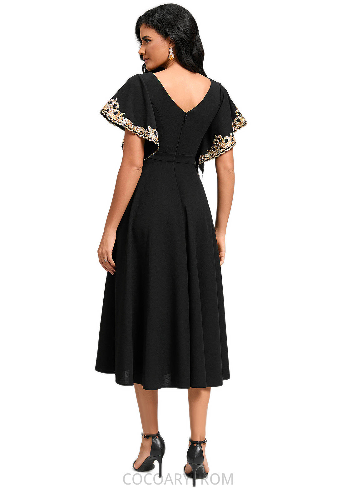 Kiera A-line V-Neck Tea-Length Stretch Crepe Cocktail Dress With Appliques Lace DA8P0022463