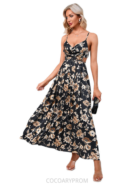 Isis Flower Ruffle Floral Print Cowl Sexy A-line Satin Maxi Dresses DA8P0022468