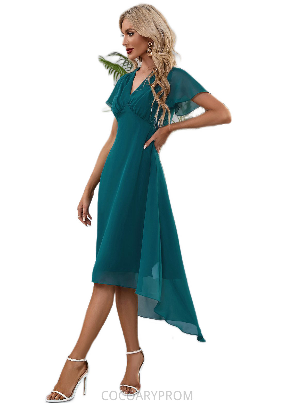 Desiree V-Neck Elegant A-line Chiffon Asymmetrical Midi Dresses DA8P0022495