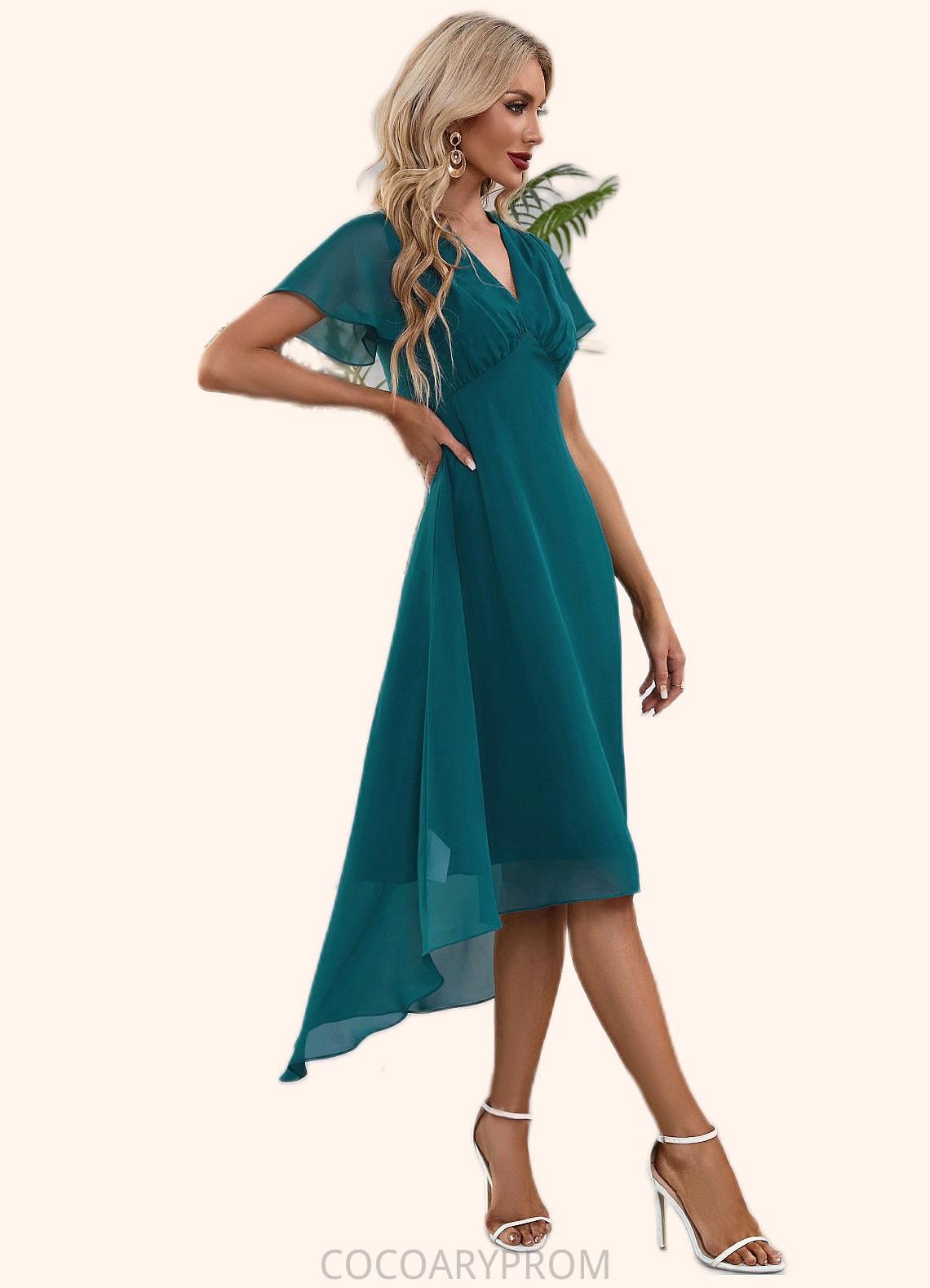 Yasmin V-Neck Elegant A-line Chiffon Asymmetrical Midi Dresses DA8P0022495