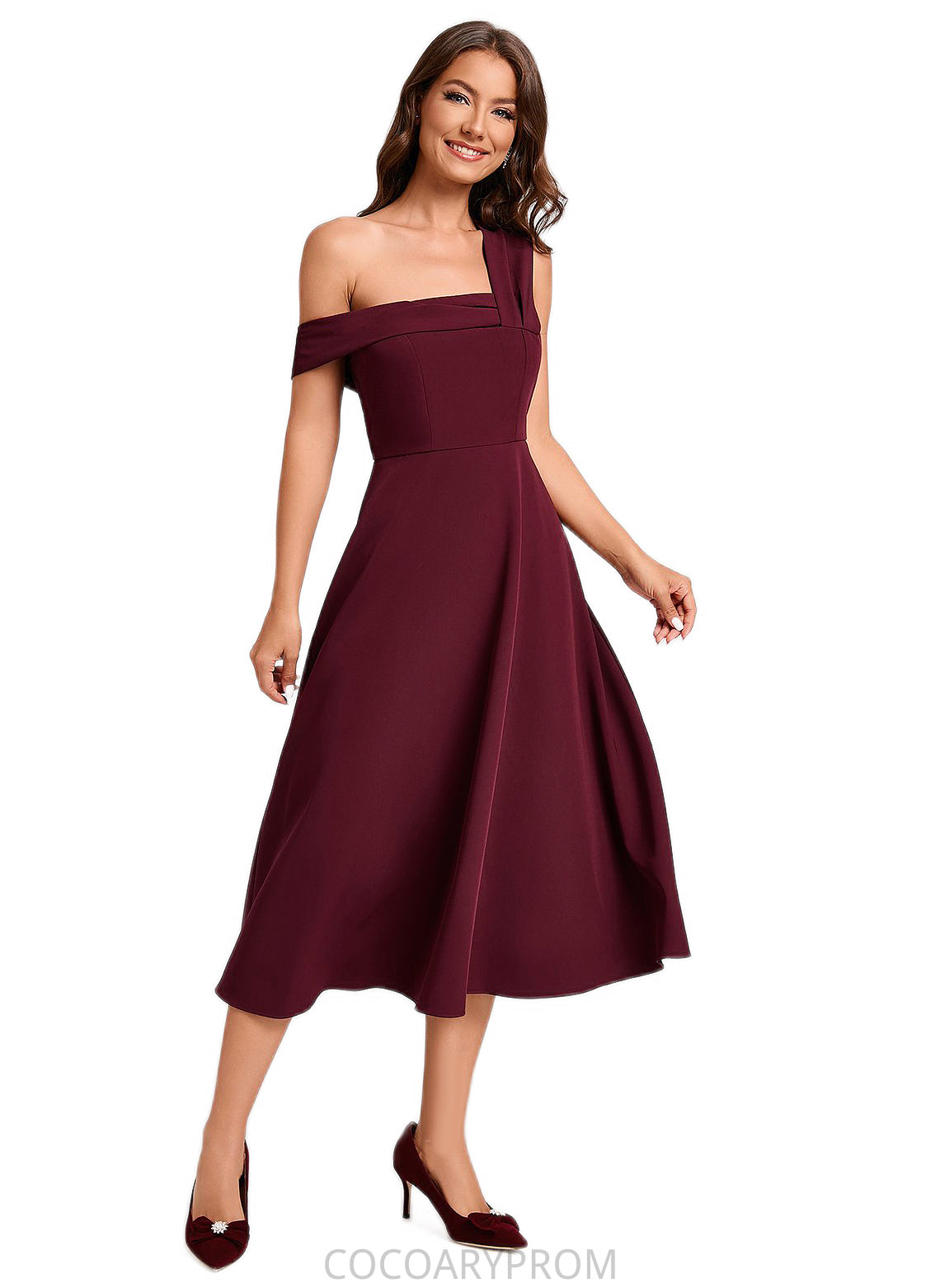 Kiera A-line One Shoulder Tea-Length Stretch Crepe Cocktail Dress With Ruffle DA8P0022501