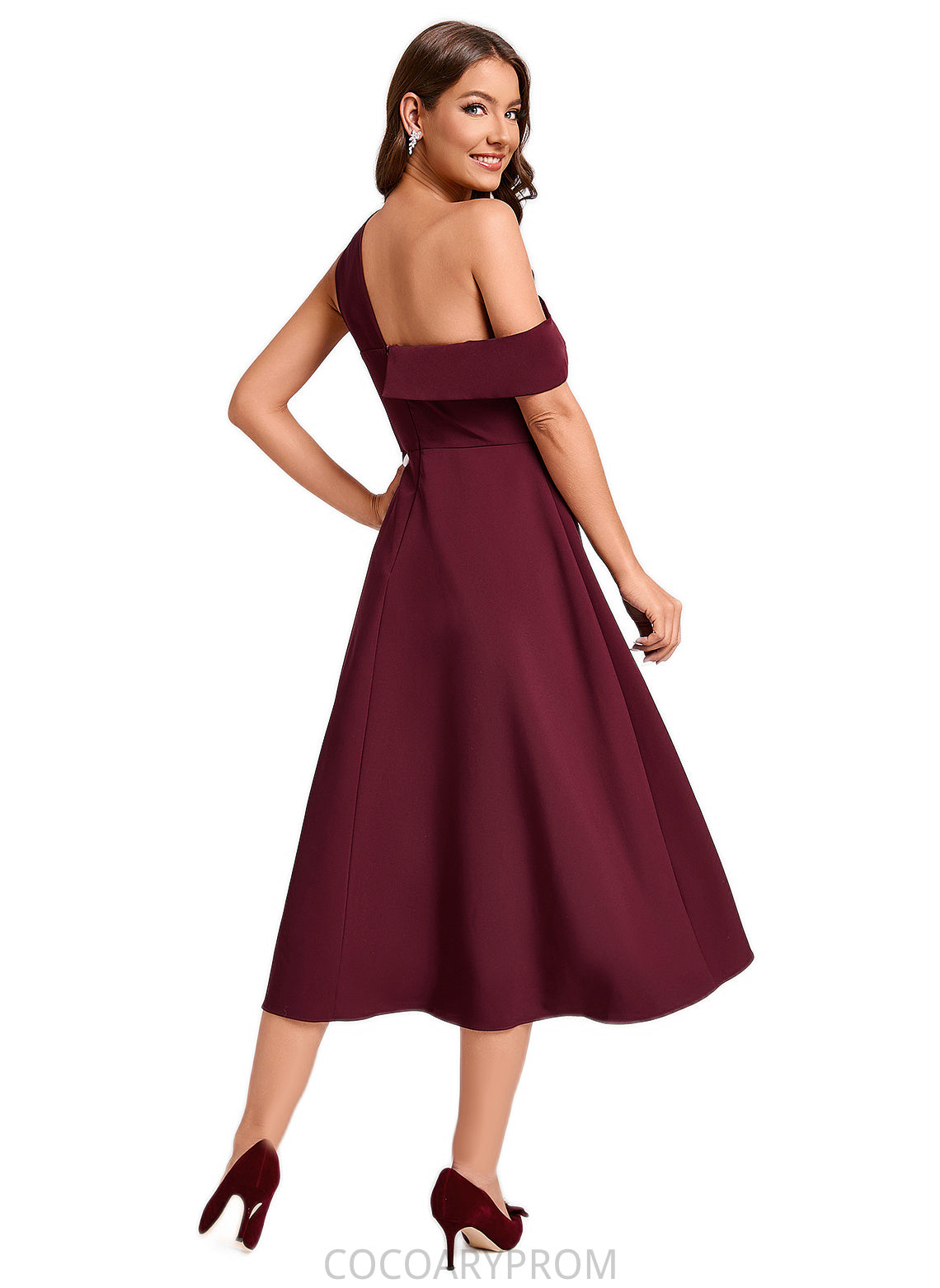 Kiera A-line One Shoulder Tea-Length Stretch Crepe Cocktail Dress With Ruffle DA8P0022501