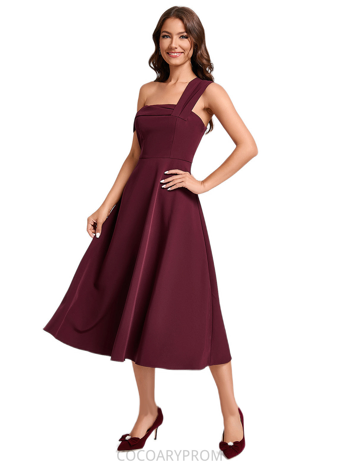 Kiera A-line One Shoulder Tea-Length Stretch Crepe Cocktail Dress With Ruffle DA8P0022501