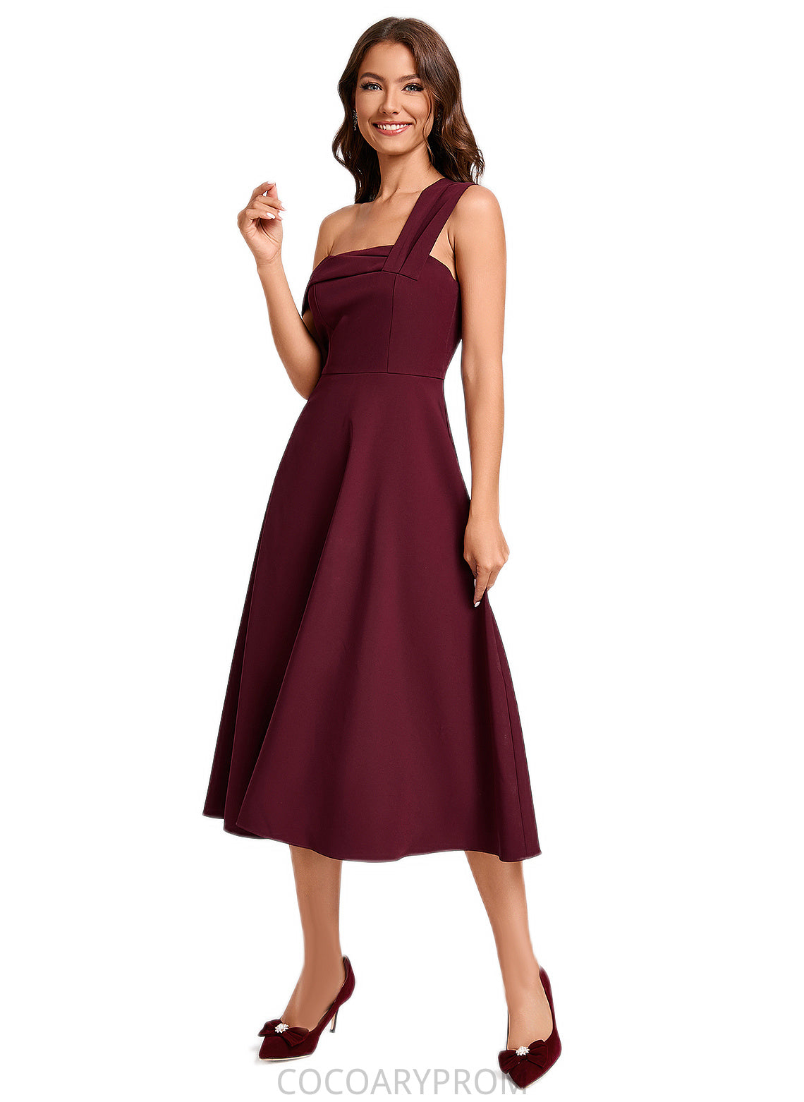 Kiera A-line One Shoulder Tea-Length Stretch Crepe Cocktail Dress With Ruffle DA8P0022501