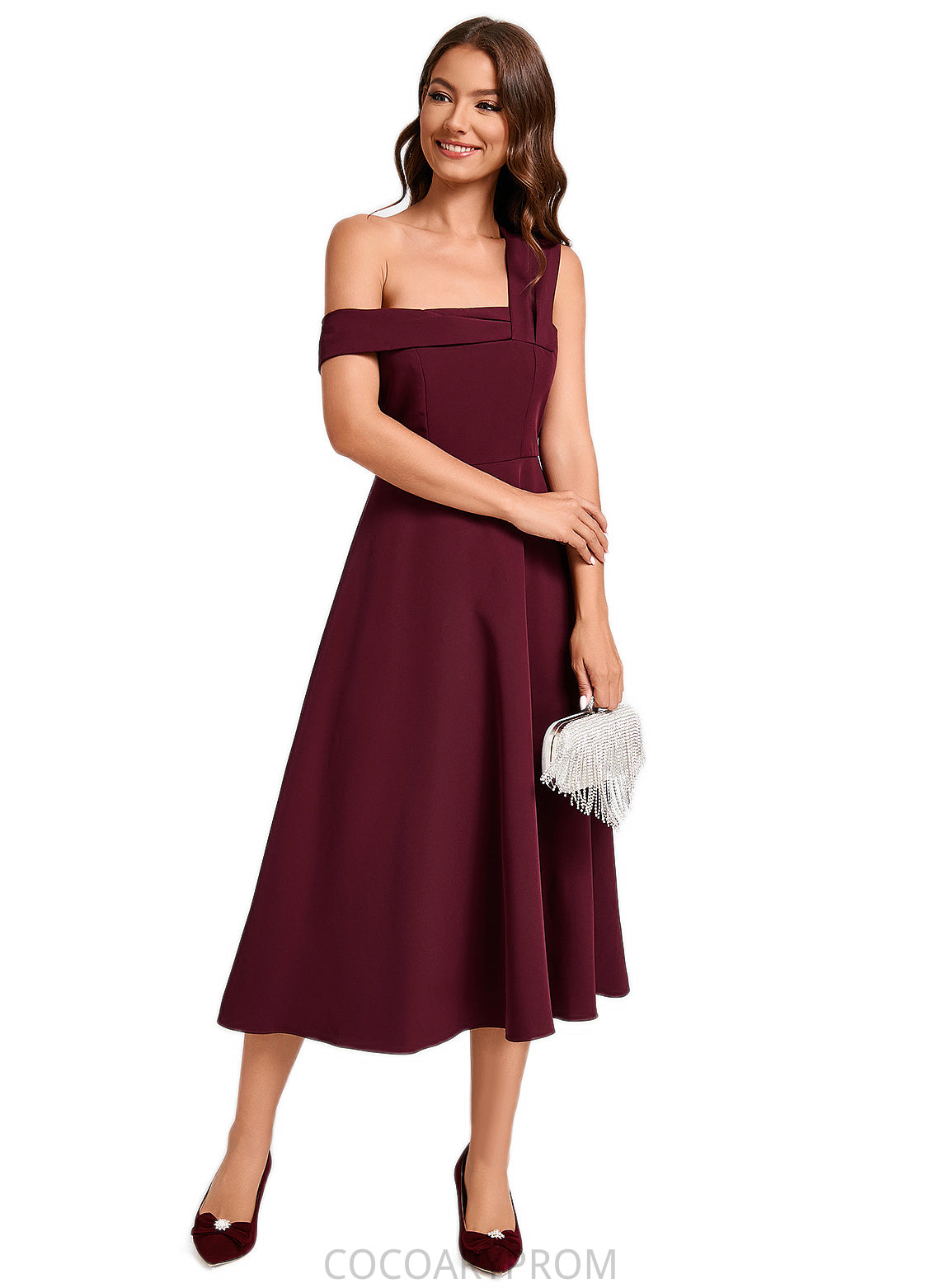 Kiera A-line One Shoulder Tea-Length Stretch Crepe Cocktail Dress With Ruffle DA8P0022501