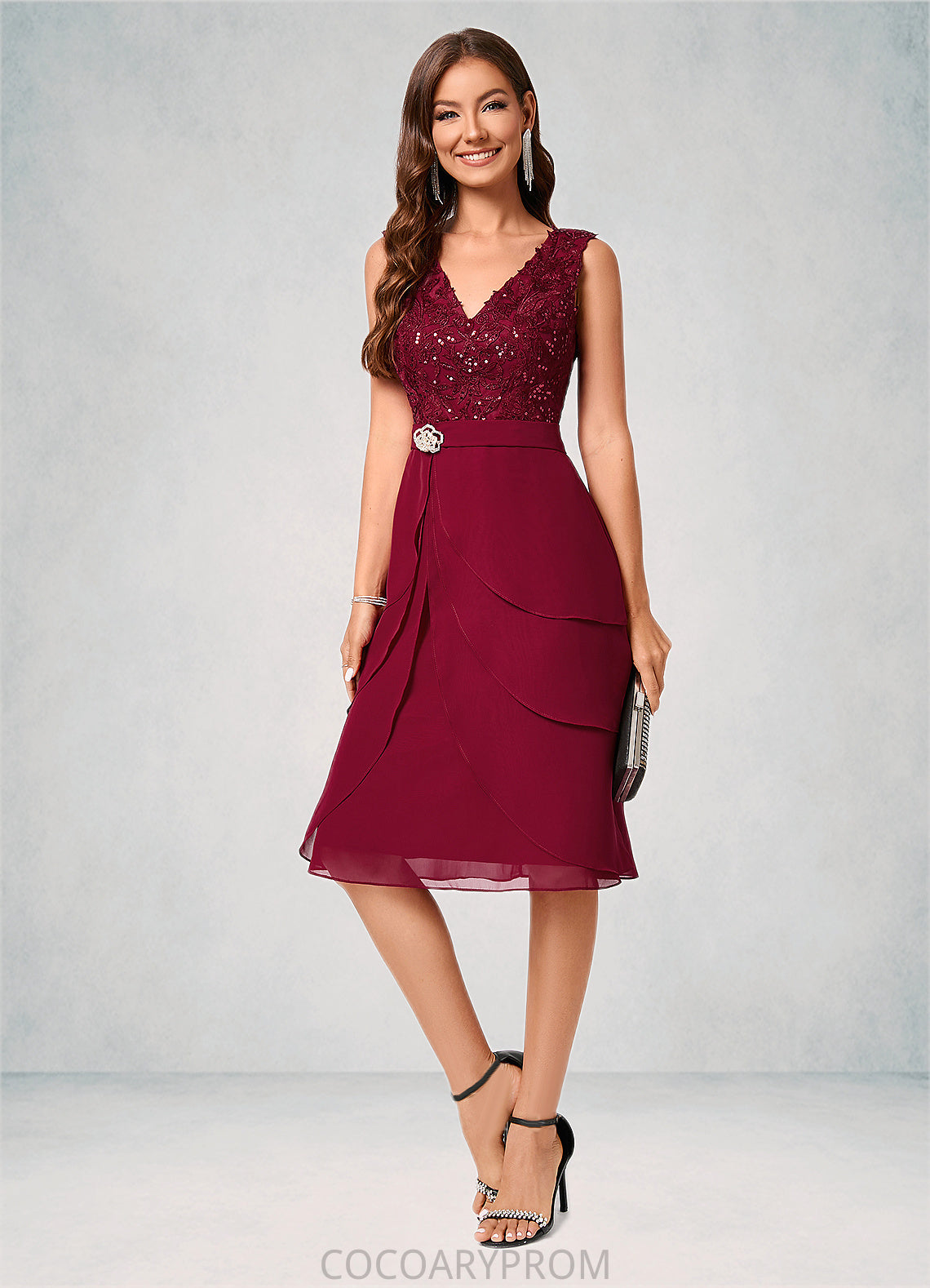 Lydia Sheath/Column V-Neck Knee-Length Chiffon Lace Sequin Cocktail Dress With Ruffle Sequins DA8P0022503