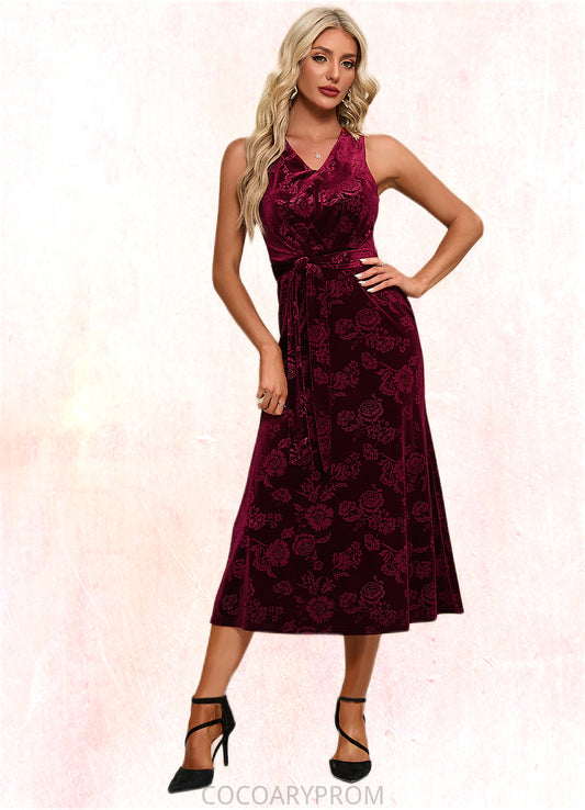 LuLu Flower V-Neck Elegant A-line Velvet Midi Dresses DA8P0022504