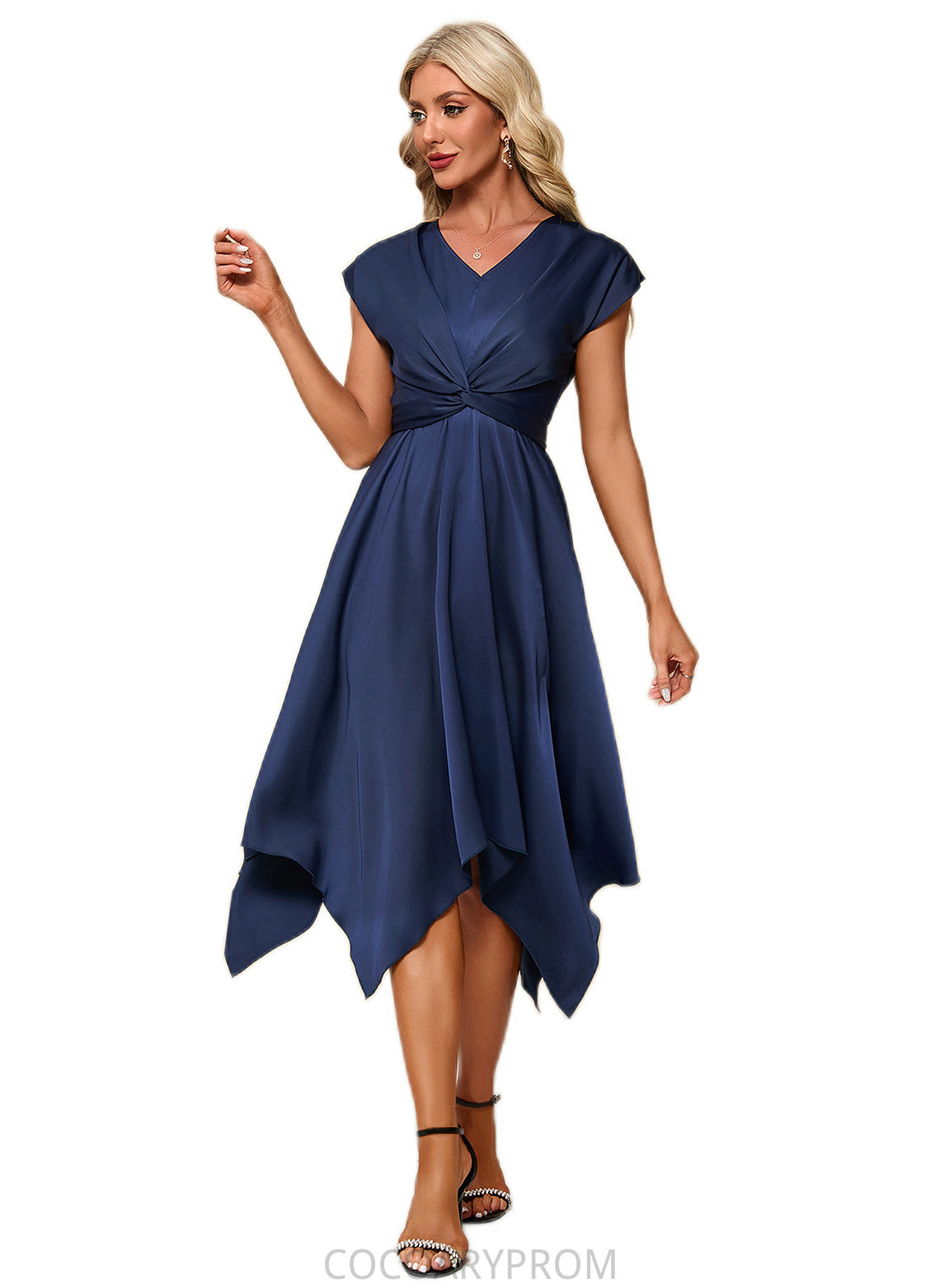 Skyla Bow V-Neck Elegant A-line Satin Asymmetrical Dresses DA8P0022506