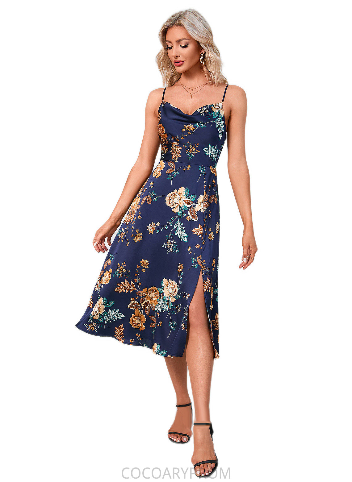 Shaylee Floral Print Cowl Elegant A-line Satin Dresses DA8P0022508