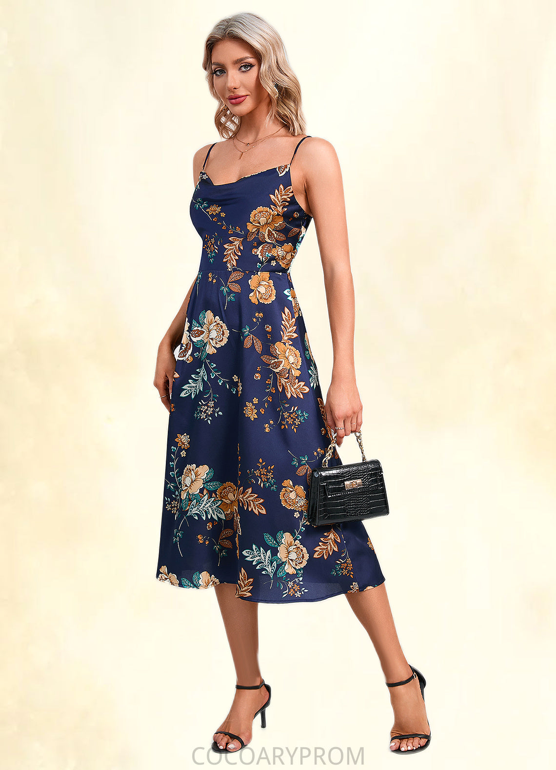 Adalyn Floral Print Cowl Elegant A-line Satin Dresses DA8P0022508