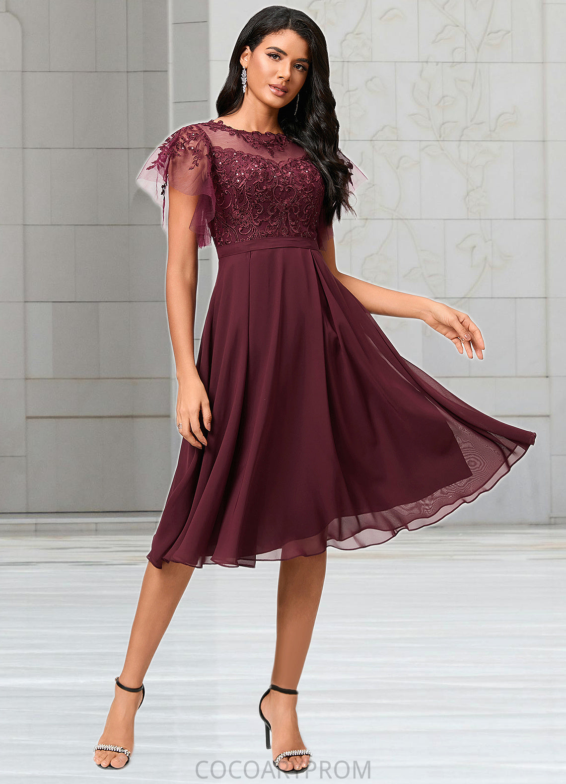 Beryl A-line Illusion Knee-Length Chiffon Cocktail Dress With Sequins DA8P0022512