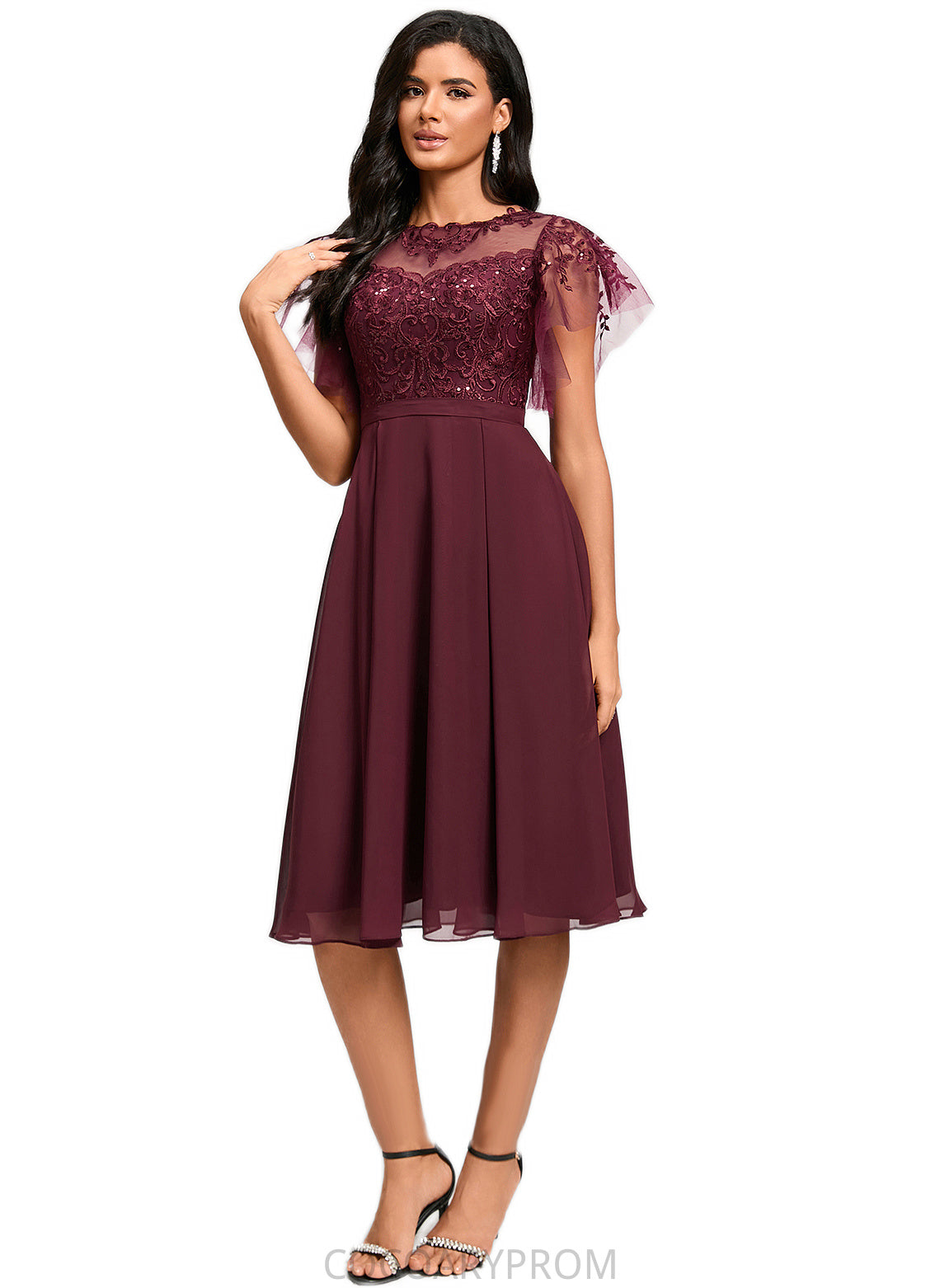 Adyson A-line Illusion Knee-Length Chiffon Cocktail Dress With Sequins DA8P0022512