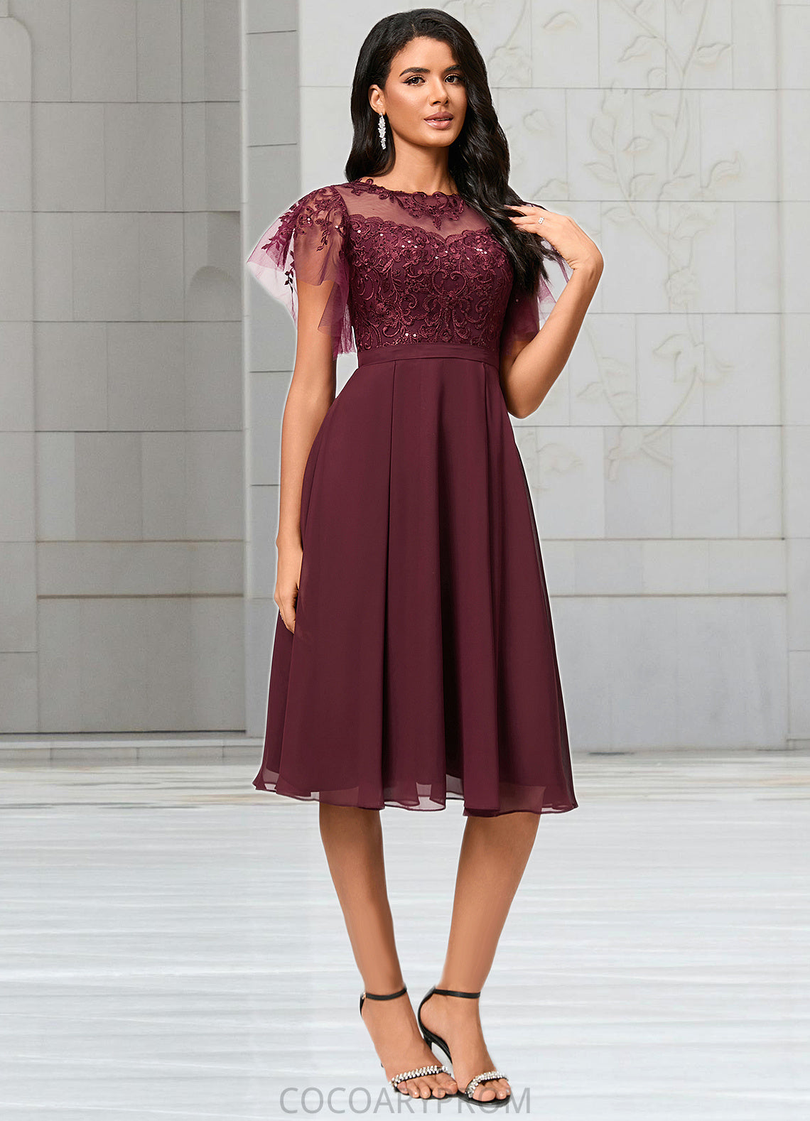 Beryl A-line Illusion Knee-Length Chiffon Cocktail Dress With Sequins DA8P0022512