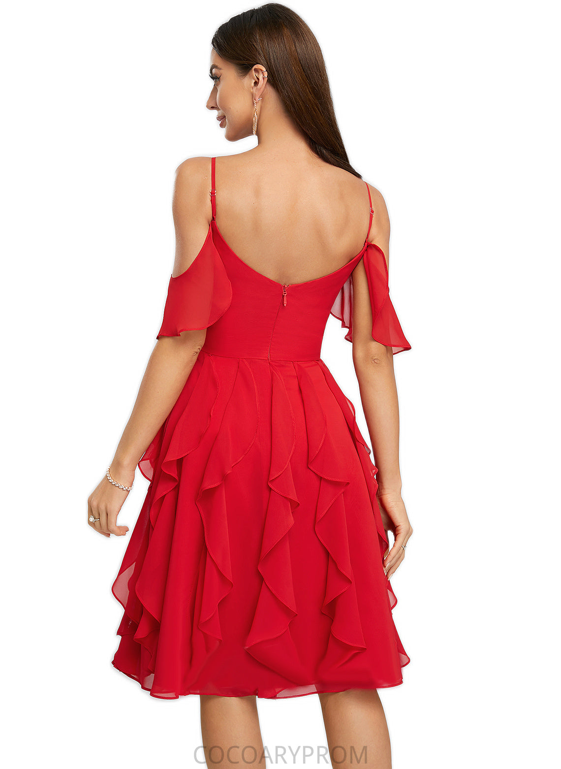 Esther A-line Cold Shoulder Knee-Length Chiffon Cocktail Dress With Cascading Ruffles DA8P0022513