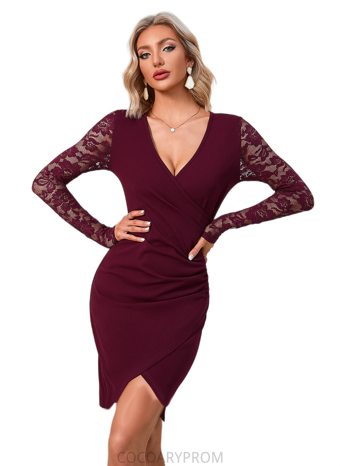 Tracy Ruffle V-Neck Elegant Sheath/Column Polyester Asymmetrical Dresses DA8P0022519