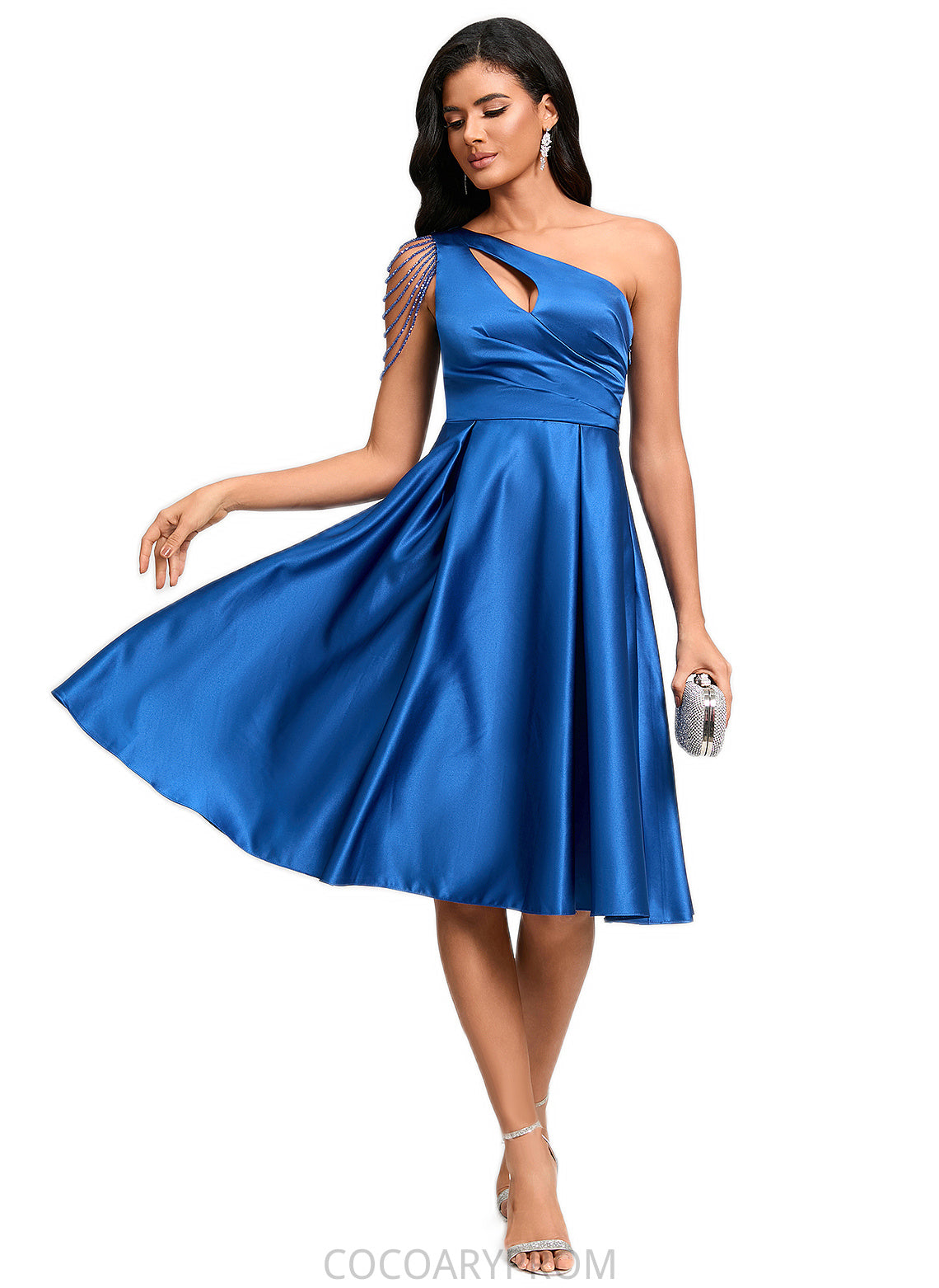 Jocelyn A-line One Shoulder Knee-Length Satin Cocktail Dress With Beading Pleated DA8P0022531