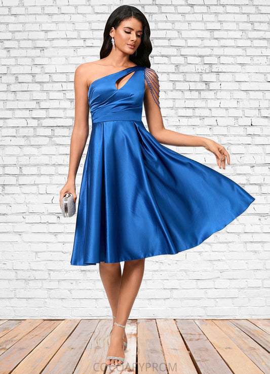 Tanya A-line One Shoulder Knee-Length Satin Cocktail Dress With Beading Pleated DA8P0022531