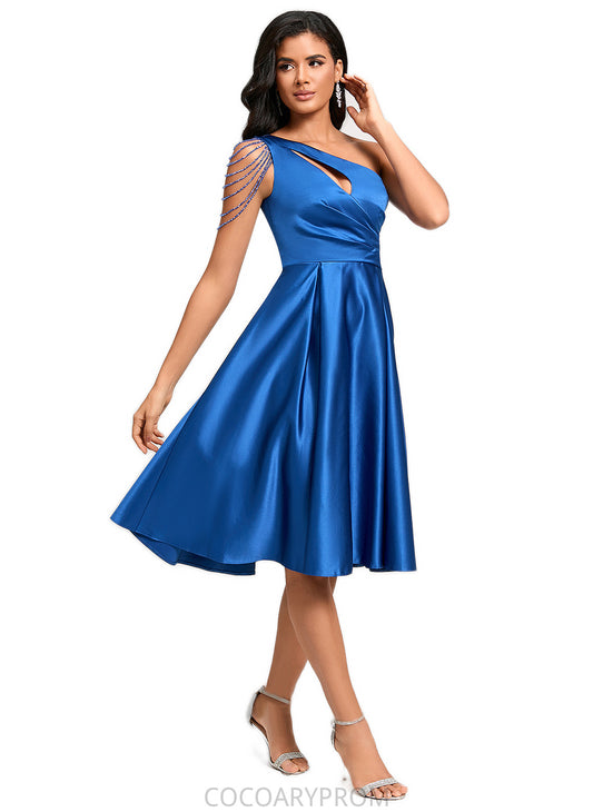 Jocelyn A-line One Shoulder Knee-Length Satin Cocktail Dress With Beading Pleated DA8P0022531