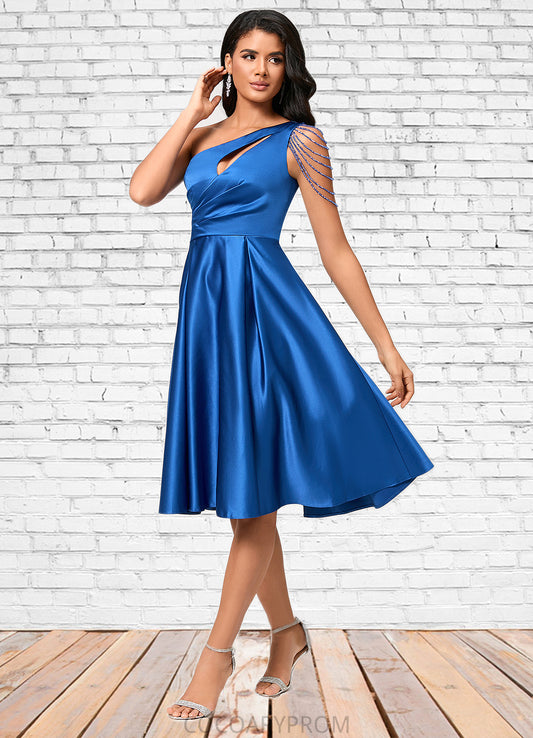 Tanya A-line One Shoulder Knee-Length Satin Cocktail Dress With Beading Pleated DA8P0022531