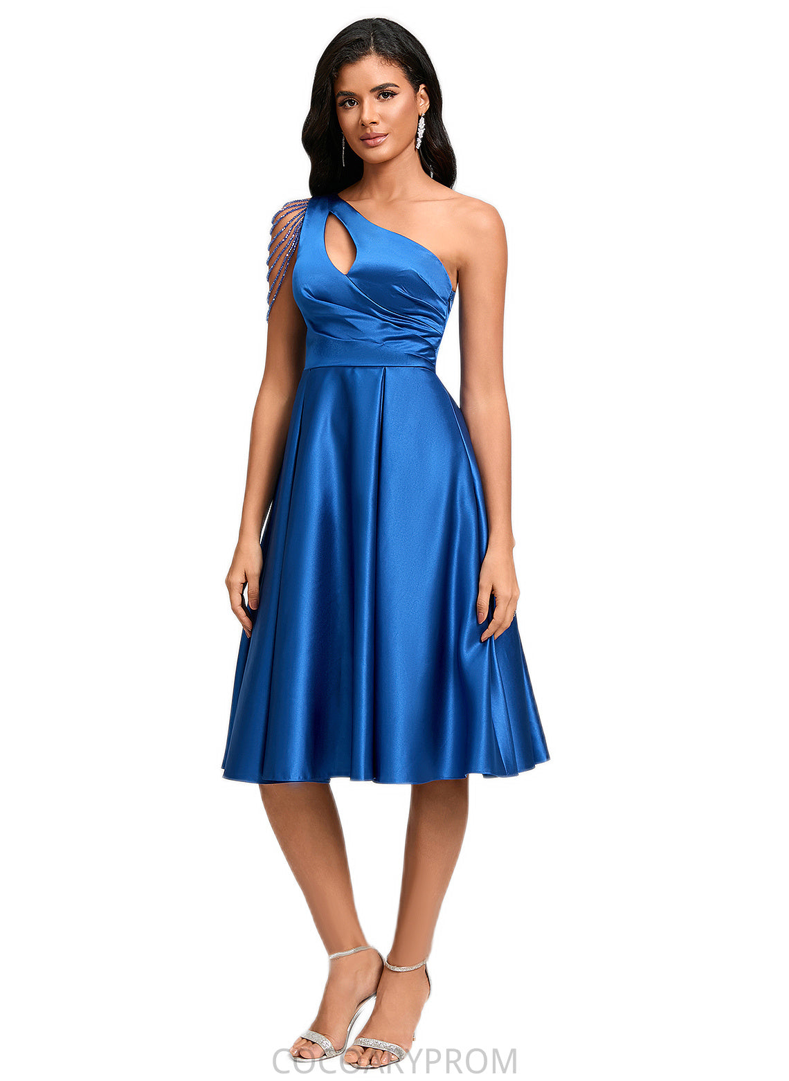 Jocelyn A-line One Shoulder Knee-Length Satin Cocktail Dress With Beading Pleated DA8P0022531