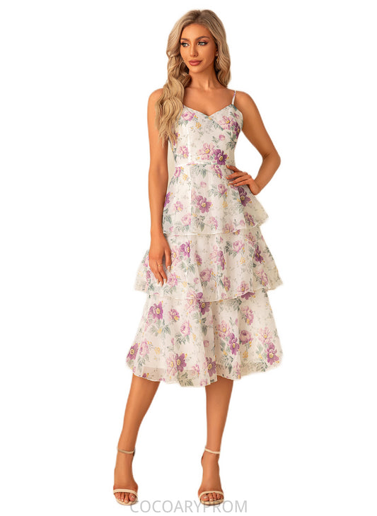 Janey A-line V-Neck Tea-Length Chiffon Bridesmaid Dress With Cascading Ruffles Floral Print DA8P0022567