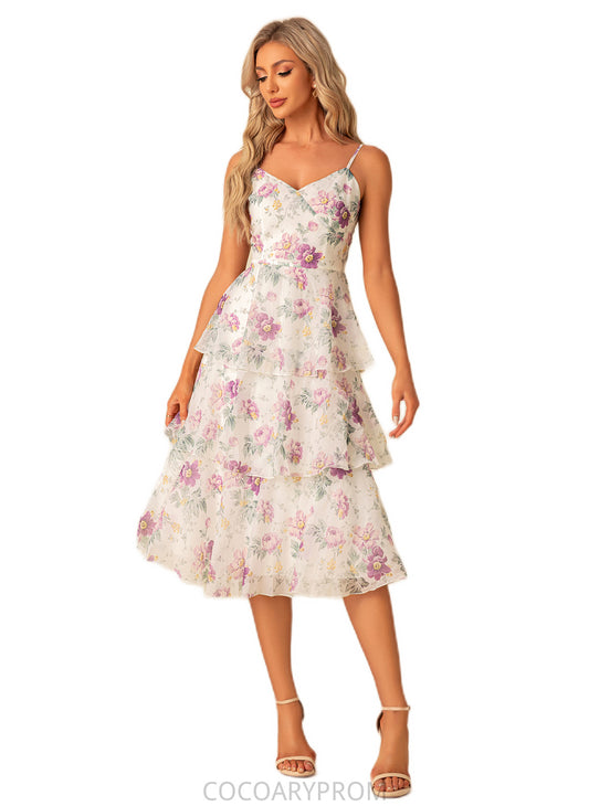 Janey A-line V-Neck Tea-Length Chiffon Bridesmaid Dress With Cascading Ruffles Floral Print DA8P0022567