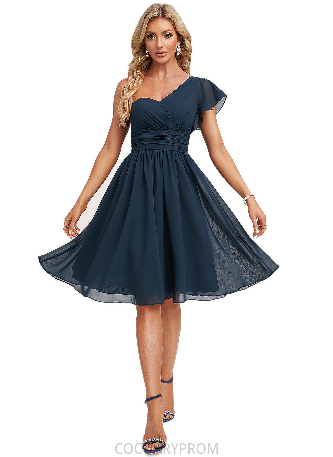 Dayana A-line One Shoulder Knee-Length Chiffon Bridesmaid Dress With Ruffle DA8P0022583