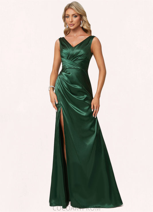 Desiree A-line V-Neck Floor-Length Stretch Satin Bridesmaid Dress DA8P0022590