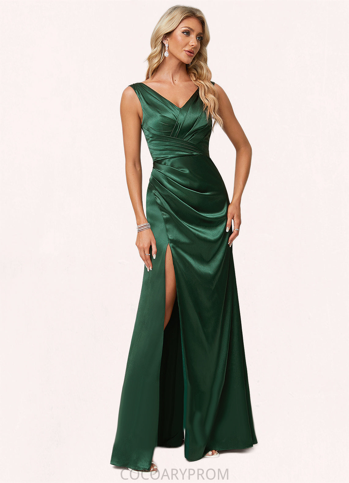 Desiree A-line V-Neck Floor-Length Stretch Satin Bridesmaid Dress DA8P0022590