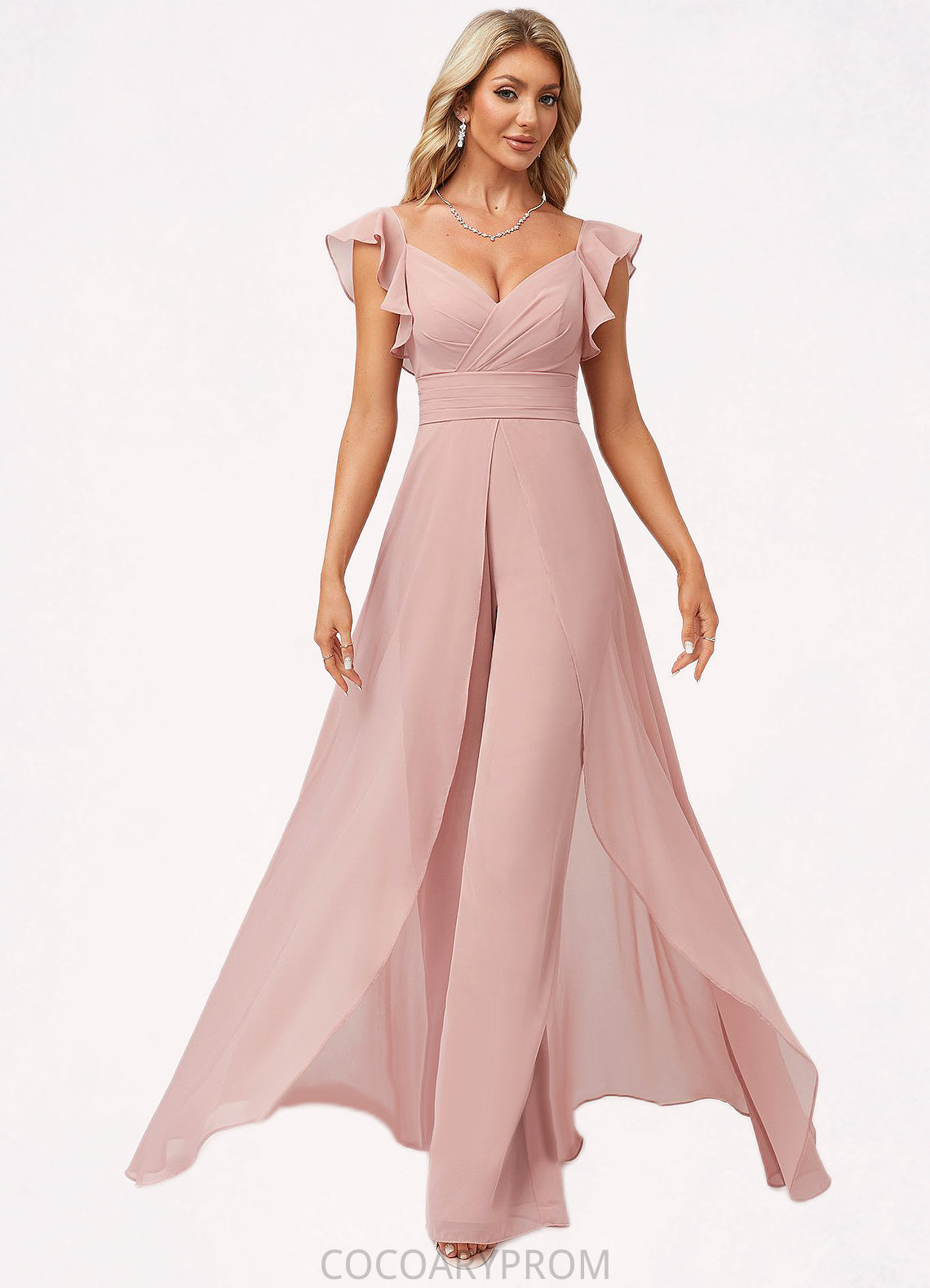 Estrella Jumpsuit/Pantsuit V-Neck Floor-Length Chiffon Bridesmaid Dress With Ruffle DA8P0022600