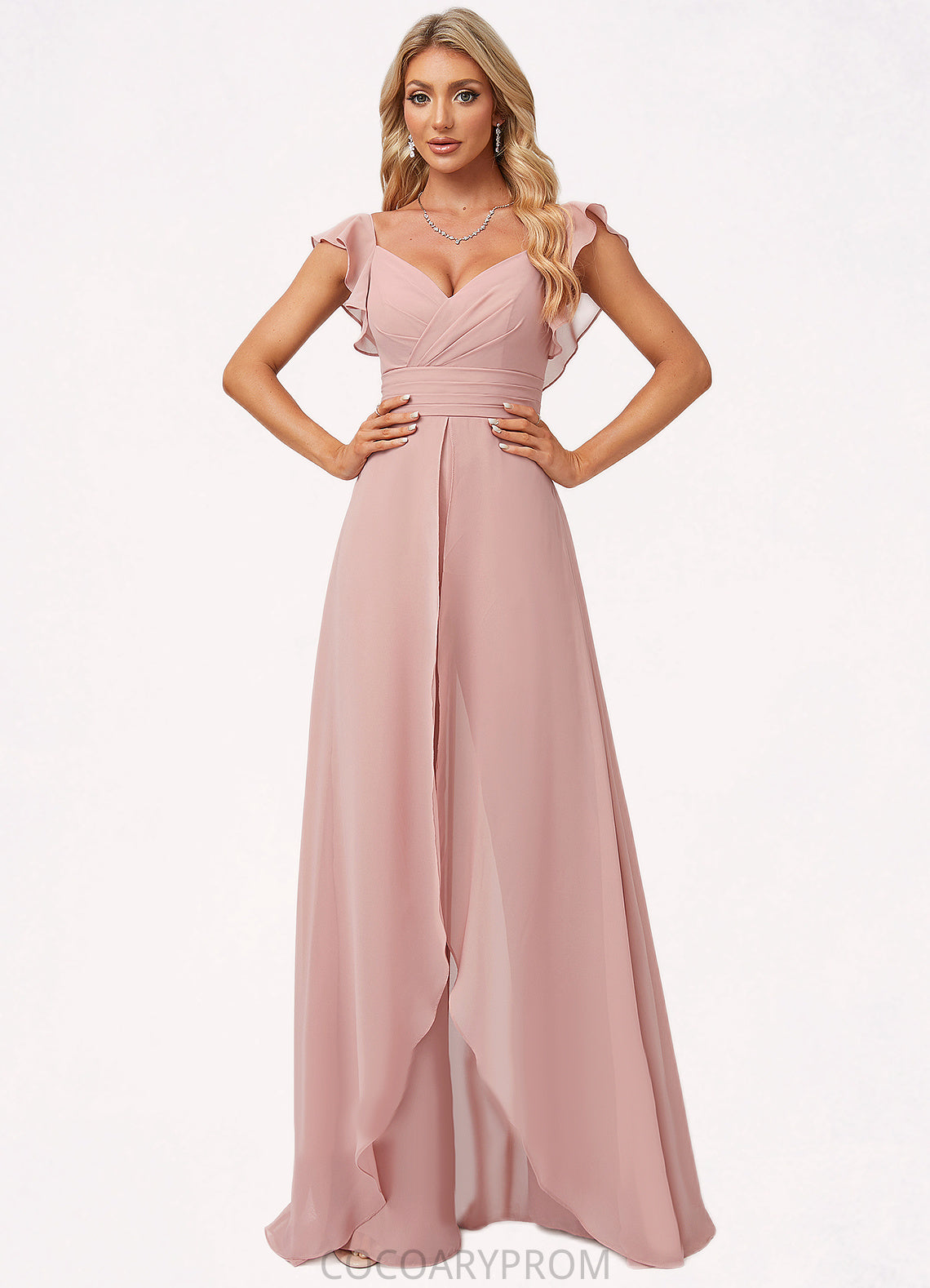 Estrella Jumpsuit/Pantsuit V-Neck Floor-Length Chiffon Bridesmaid Dress With Ruffle DA8P0022600