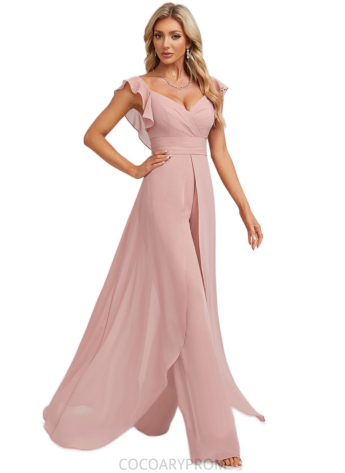 Sophie Jumpsuit/Pantsuit V-Neck Floor-Length Chiffon Bridesmaid Dress With Ruffle DA8P0022600