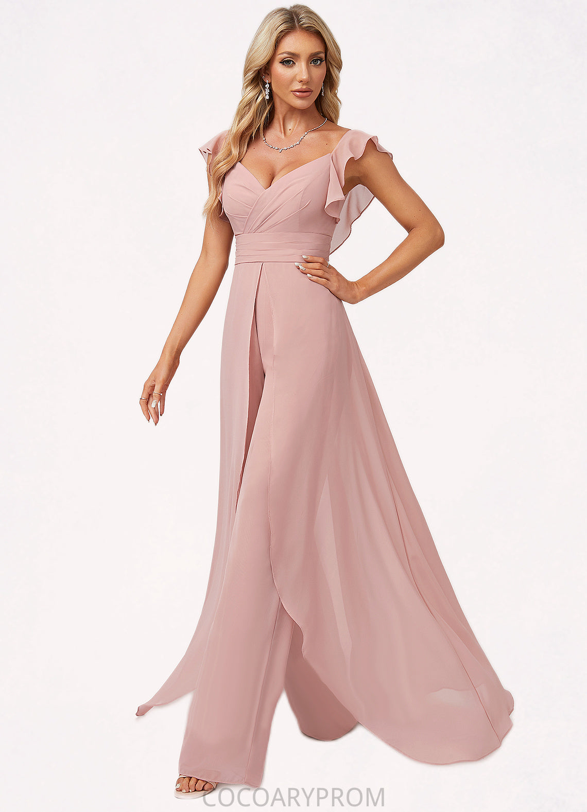 Estrella Jumpsuit/Pantsuit V-Neck Floor-Length Chiffon Bridesmaid Dress With Ruffle DA8P0022600